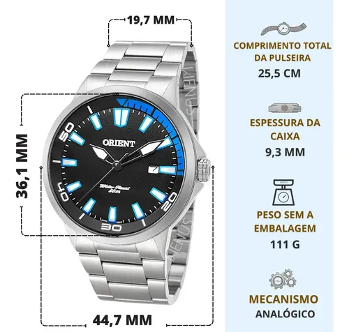 Relógio De Pulso Orient Mbss1196a Com Correia De Aço Cor Prateado Fundo Preto/azul