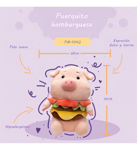 Puerquito De Peluche Con Disfraz De Hambrguesa Suave 36cm Color Rosa