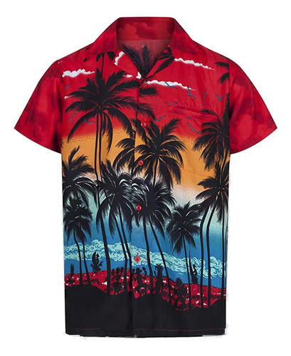 Camisa Casual De Manga Corta Con Estampado Hawaiano De Playa