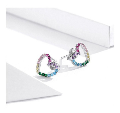 Aros De Plata S925 Con Circones Arcoiris Diseño Corazon