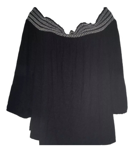 Blusa,remera Campesina L Dama Modal Negro Bordada Elastizada