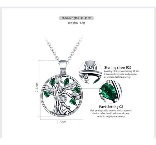 Collar Árbol De La Vida Verde Para Mujer Dama En Plata 925