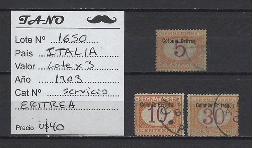 Lote1650 Italia Lote De 3 Estampillas Servicio Eritrea 1903