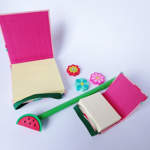 Kit Papelaria 2 Postits, 1 Caneta E 3 Borrachinhas Melancia