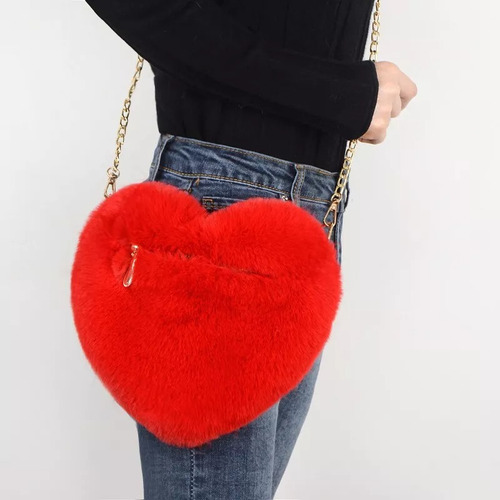 Bolso En Forma De Corazón De Felpa Con Cadena Para Dama