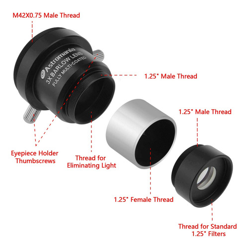 Astromania 1.25 3x Short Focus Barlow Lens For Telescope Ey