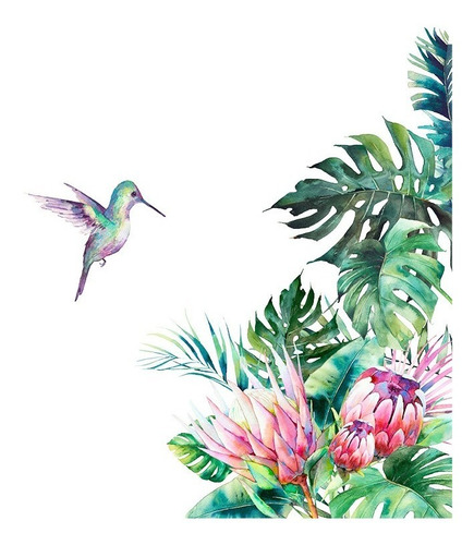 Sticker Vinil Decorativo Hojas Tropicales Verde Colibrí Flor