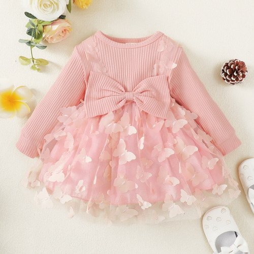 Vestido De Manga Larga De Malla Hibobi Baby Con Lazo Y Decor