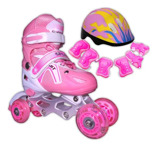 comprar Patines En Linea Rosados Y Azules + Kit De Proteccion