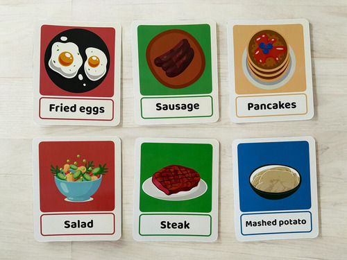 Tarjetas De Aprendizaje De Vocabulario De Comida En Inglés 45 Pzas | Tamaño: 18x22 Cm | Tarjetas Educativas En Inglés Teach Play| Flash Cards Restaurant