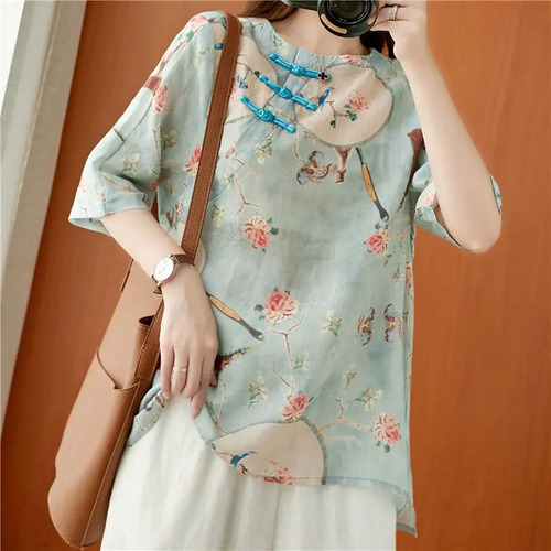 Camisa Hanfu Con Estampado De Flores Para Mujer, Tanga