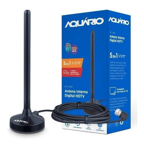 Antena interna Digital Aquário com captação 5 Em 1 Vhf Uhf Fm Hdtv 4k - Dtv100p