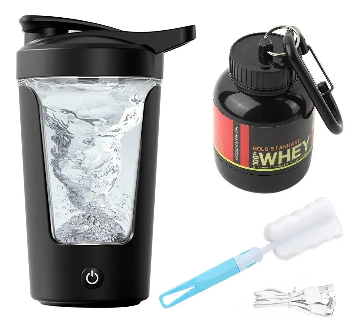 Kit Vaso Shaker Proteina Eléctrico 450ml Con Llavero Protein, Negro