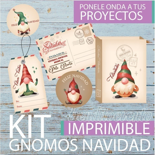Kit Imprimible Navidad Gnomos De Para Tags Tarjetas Bolsita