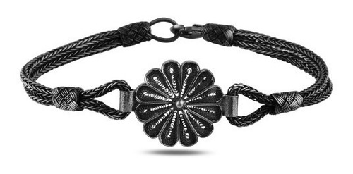 Fina Pulsera De Plata Negra .925 Tejido Con Dije De Plata
