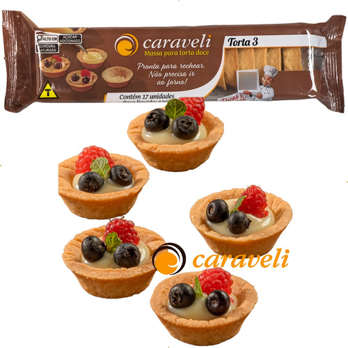 Doce de base massa pronta para torta doce redonda 3cm caraveli com embaglagem pronta para rechear tortinha tartelete agilidade padronização doce Caraveli em bandeja 8 g 17 un pacote x 3