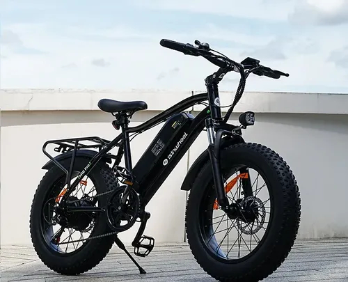 Bicicleta elétrica preta isinwheel M10 Pro com pneus largos, bagageiro traseiro e farol dianteiro, estacionada em um piso de concreto com céu nublado ao fundo.