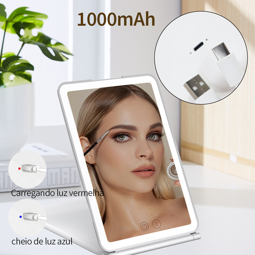 Espelhos Para Maquiagem Led Dobravel E Portátil Com Espelho 10x Carregamento Usb Fonte De Luz De Três Cores Cor Branco