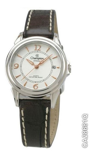 Relógio de pulso Champion Couro CA28681Q com corpo prata,  analógico, para feminino, fundo  prateado cor marrom, bisel cor prateado e fivela simples