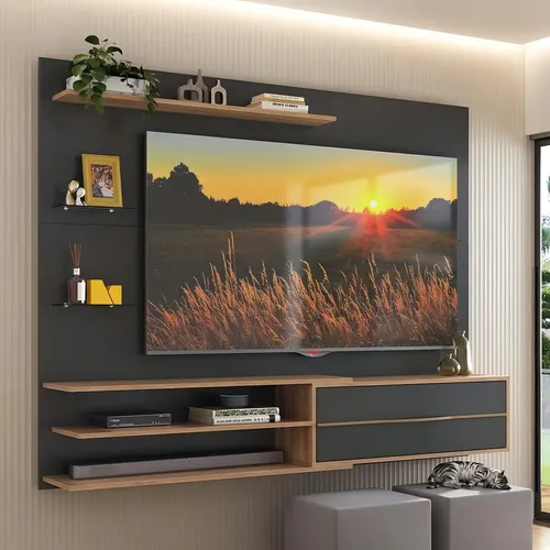 Painel P/ Tv Até 65 1 Pta E Prateleiras Multimóveis Mp1064 Cor Preto/rustic