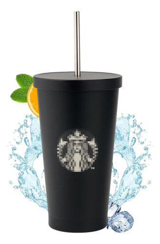 Vaso Liso De Metal De 600 Ml Con Tapa Y Popote Color Negro (clicuc)