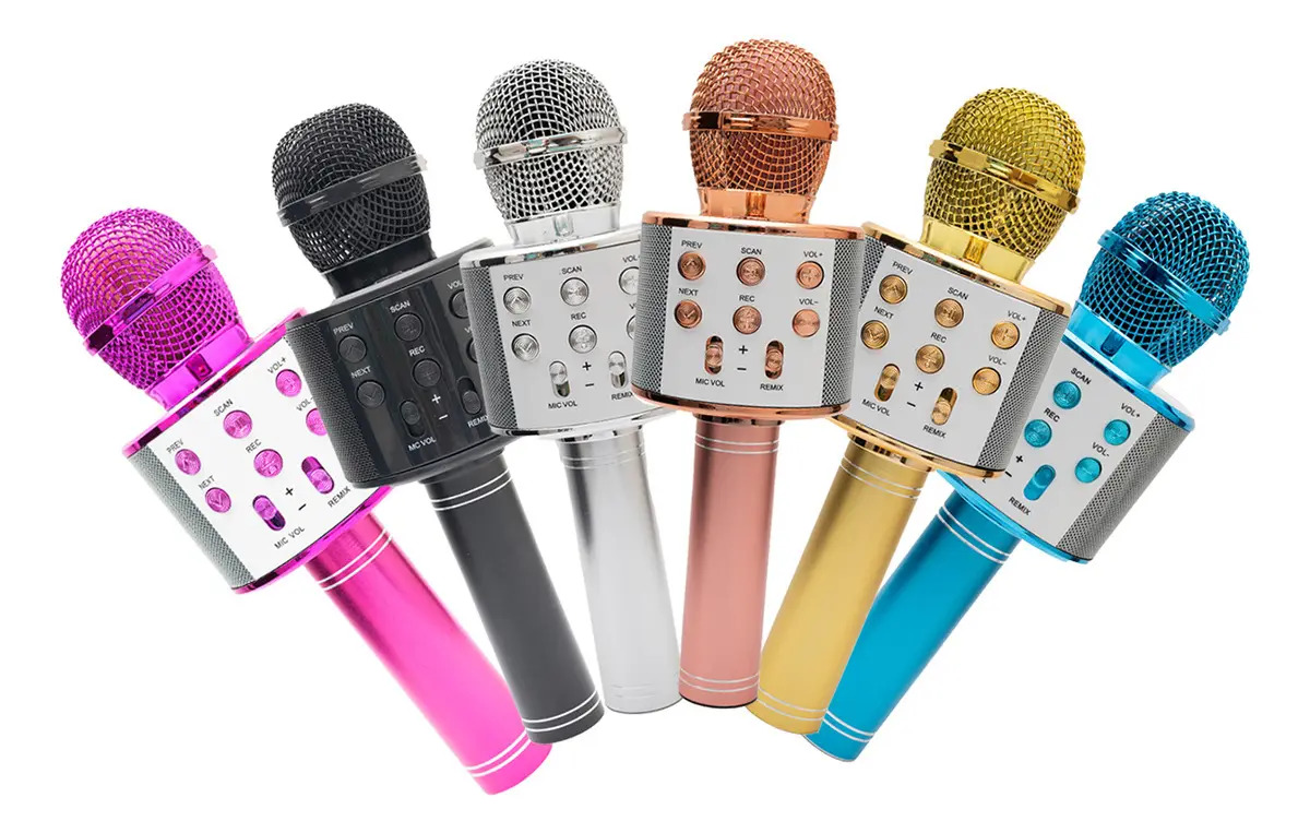 Microfone Bluetooth Infantil Karaokê Dourado com 5 Opções de Voz e Caixa de Som