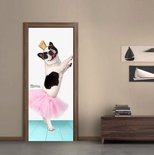Vinilo Para Puerta Bulldog Bailarina Ballet Funny Pet Danza