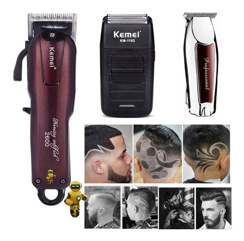 Imagem 3 de 7 de Kit Com 3 Maquinas Cortar Cabelo Barbear Profissional Kemei