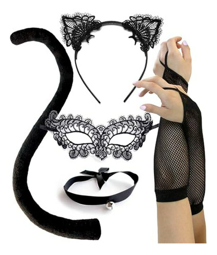 Disfraz Gato Negro Mujer Halloween: Orejas Encaje, Guantes, Cola, Lazo.