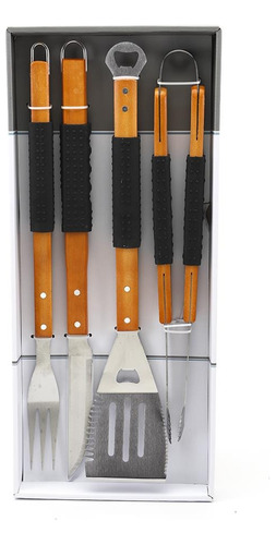 Set Asador  Premiun X4 Utensilios   Mango De Madera Silicona