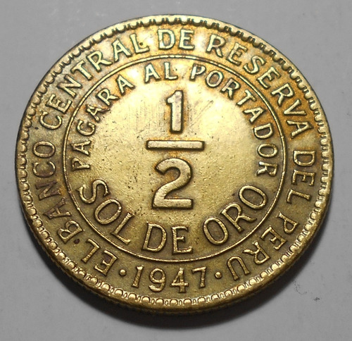 Perú 1/2 Sol De Oro 1947 Joya!! Casi Sin Circular - Km#220.5