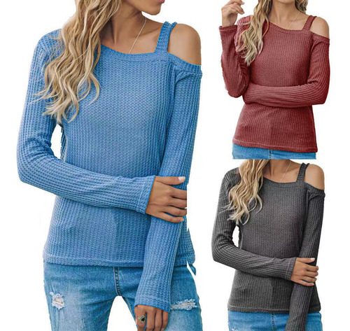 Camiseta De Cuello Diagonal Con Hombros Descubiertos De Moda