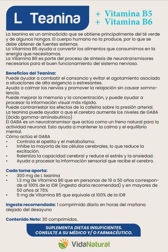 Teanina Vit B5 B6 Sueño Relajación Y Concentración-combo X 2 Sin Sabor