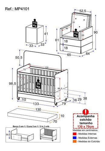 Berço Americano 3x1 com Colchão, Poltrona Amamentação e Puff Bambino Multimóveis MP4101 Cor Branco/Cinza