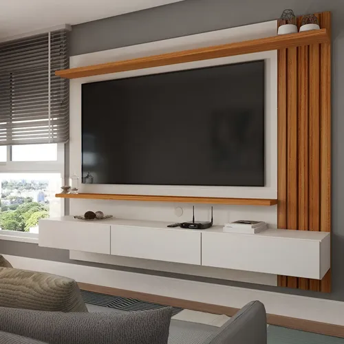 Painel TV 70 Polegadas Christiania Ripado Cinamomo/Off White Cor Bege