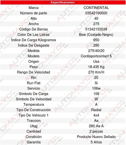 Pack 2 Llantas 275/40r20 106w Contisportcontact 5 Run Flat
