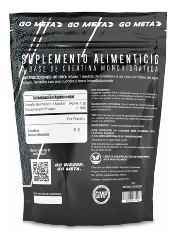Imagen 2 de 3 de Creatina Meta Nutrition Monohidratada 500 Gramos (100 Servicios)