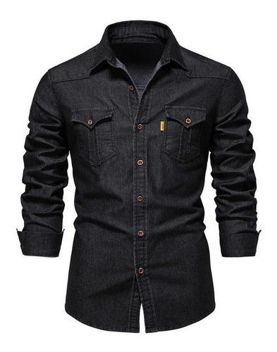 Camisa Casual De Cuello Solapa De Mezclilla Para Hombre