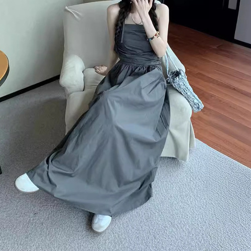 Vestido De Tirantes Plisado Con Falda Sin Tirantes Estilo He