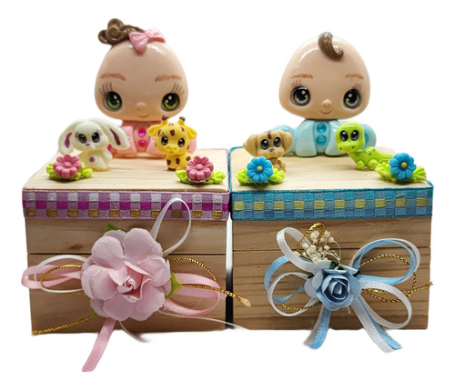 Recuerdo Bautizo Bebe Y Animalitos En Caja De Madera Natural
