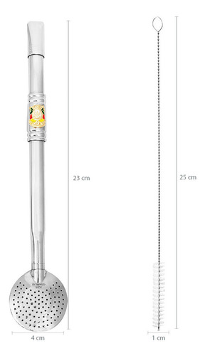 Bomba Chimarrão Tererê Aço Inox 23cm Com Rosca E Anel Com Pi Cor Brasão