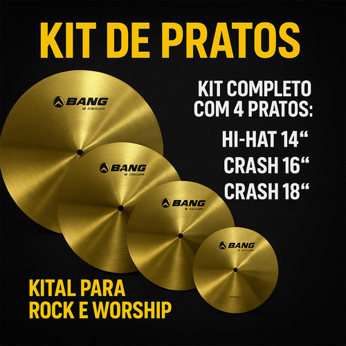 Kit Completo Pratos Bateria Waldman Bang Hh14 Crash 16 18