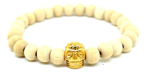 Pulseira Masculina Madeira 8mm Caveira Banhada A Ouro 18k G