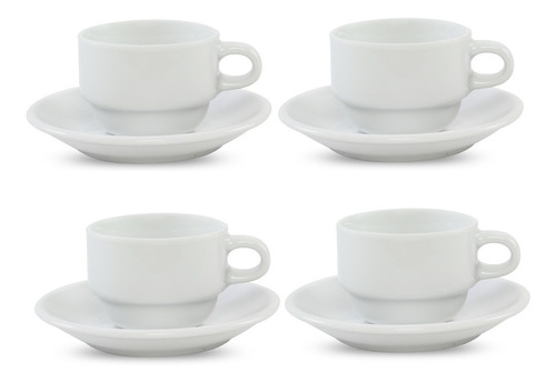 4 Tazas Blancas De Café Con Plato Apilable 100ml  Porcelana 