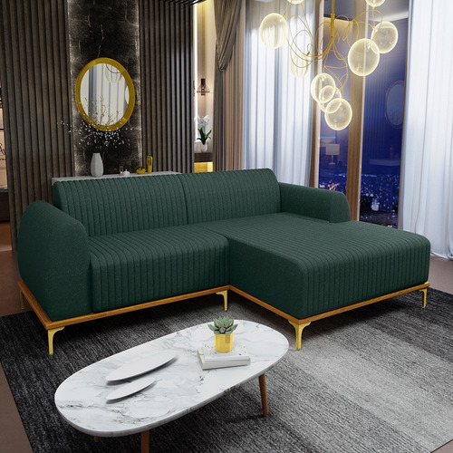 Sofá 230cm 4 Lugares Com Chaise Direito Pés Gold Molino C-11 Cor Verde Desenho Do Tecido Liso