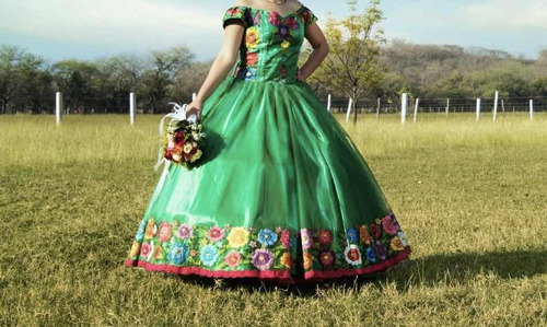 Vestido Verde Con Bordado De Chiapaneca Xv