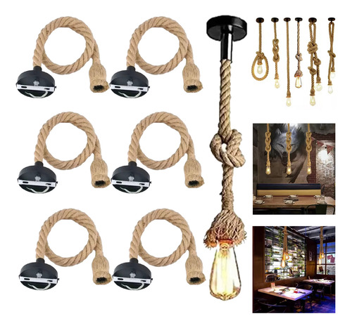 6 Lampara Colgante Vintage Cuerda De Cáñamo Soga 1m Rustica Marrón