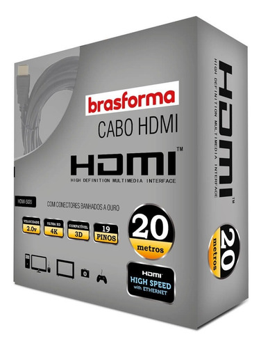 Cabo Hdmi De Alta Definição 2.0 Com 20 Metros Brasforma