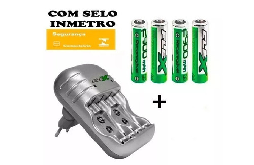 Carregador Rápido Automático + 4 Pilhas Aa Flexgold 2900mah