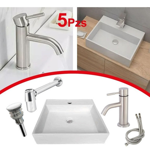 Kit Juego Lavabo + Llave Acero Inox, Contra Y Cespol Cromo